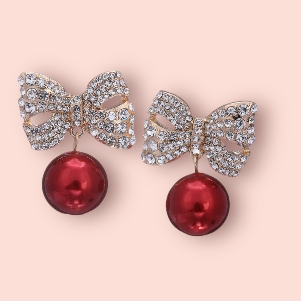 NEW! Gold-Tone Pavé Bow & Red Ornament Earrings. Perfect for Holiday seasons.